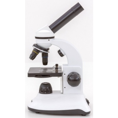 Microscópio branco e preto com lente inclinada e platina