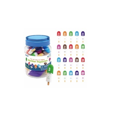 Frasco transparente com brinquedos educativos coloridos em forma de gelados numerados.