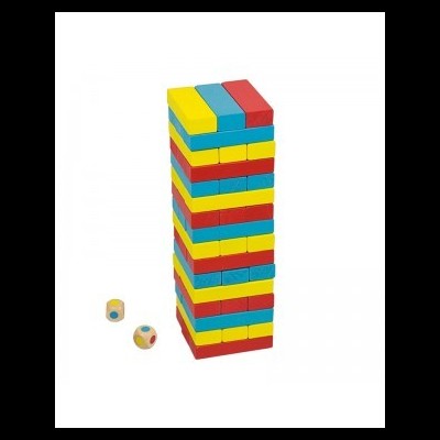 Torre de blocos de madeira coloridos com dados