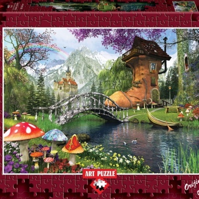 Embalagem de puzzle com imagem de paisagem fantástica e casa em forma de bota