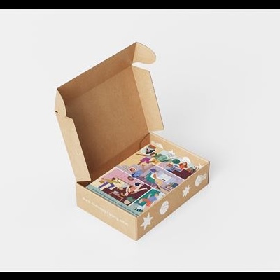 Caixa aberta de cartão com caixas coloridas dentro e ilustrações abstratas