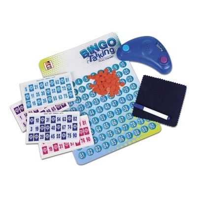 Jogo de Bingo Eletrónico com tabuleiro, fichas, cartões de jogo, marcador, pano e aparelho eletrônico azul