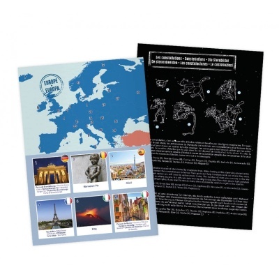 Conjunto de dois documentos, um com mapa da Europa e fotos de pontos turísticos, o outro com imagens e texto sobre constelações.