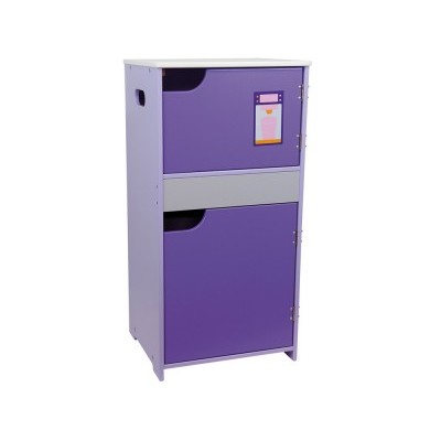 Armário de madeira lilás e roxo com rótulo de copo