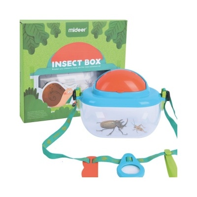 Caixa para insetos com tampa azul e laranja, com alça verde e embalagem verde
