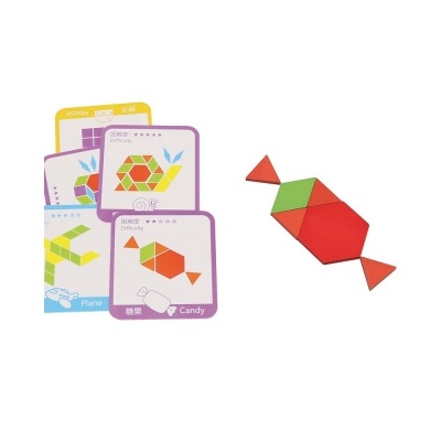 Cartas de jogo tangram com peças geométricas vermelhas e verdes