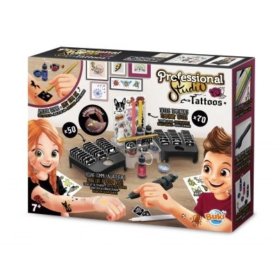 Kit de tatuagens temporárias Professional Studio Tattoos Buki com tintas e tatuagens ilustrado em crianças