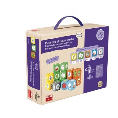 Caixa colorida de jogo educativo Picto-dic com blocos ilustrados e texto na embalagem