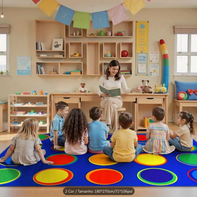 Sala de aula com tapete azul e círculos coloridos com crianças sentadas em círculo