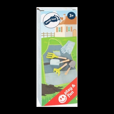Conjunto de jardinagem infantil Small Foot com avental, luvas e ferramentas em embalagem colorida