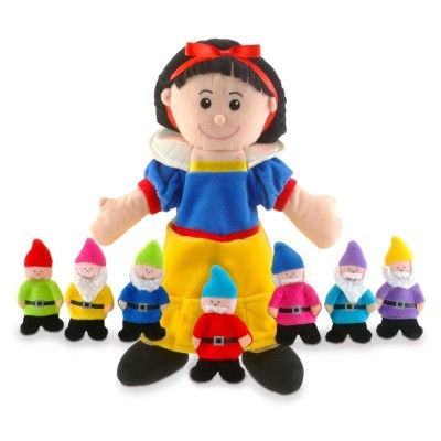 Peluches da Branca de Neve com sete anões de várias cores