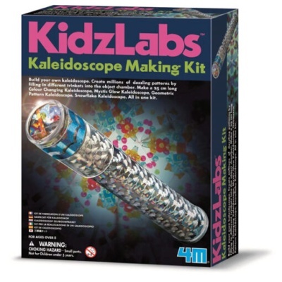 Caixa do kit para fazer caleidoscópio KidzLabs colorida com imagem de caleidoscópio prateado