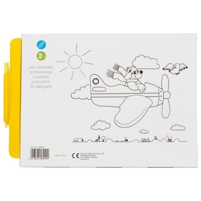 Caixa para pintar com ilustração de avião pilotado por cão e elementos de céu e paisagem