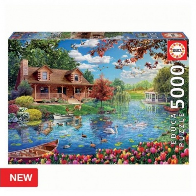 Caixa de puzzle de 5000 peças com imagem de casa e lago