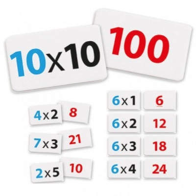 Fichas brancas com multiplicações e resultados em azul e vermelho