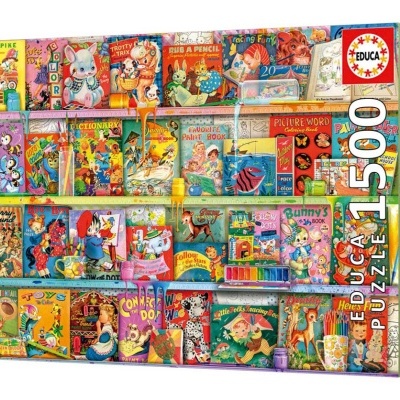 Caixa de quebra-cabeças EDUCA com 1500 peças e capa ilustrando livros infantis coloridos e material de pintura.