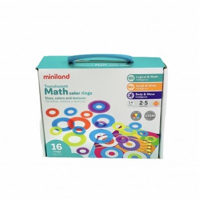 Caixa colorida com 16 anéis translúcidos de várias cores para atividades matemáticas