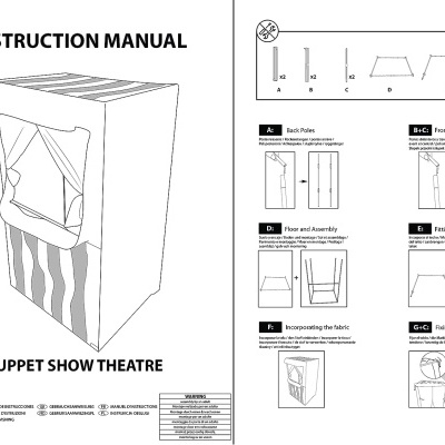 Manual de instruções para teatro de marionetas com diagramas e texto em inglês