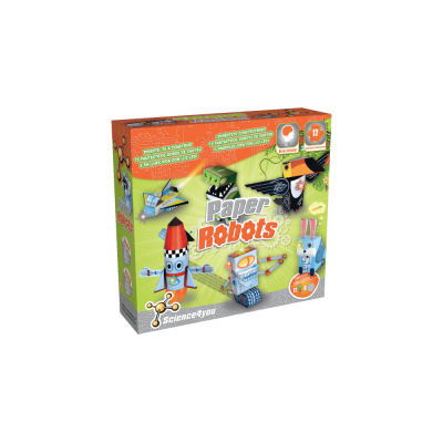 Caixa de brinquedo Paper Robots da Science4you com imagens de robôs de papel coloridos