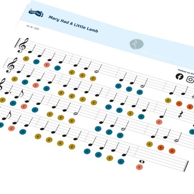 Partitura musical Mary Had A Little Lamb com notas coloridas e cabeçalho azul