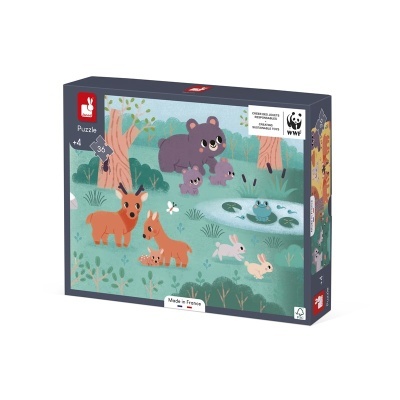 Caixa de quebra-cabeças infantil com imagem de animais na floresta e logo WWF
