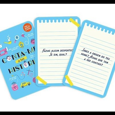 Três cartas de jogo com perguntas em português e cartão azul com texto e ícones coloridos