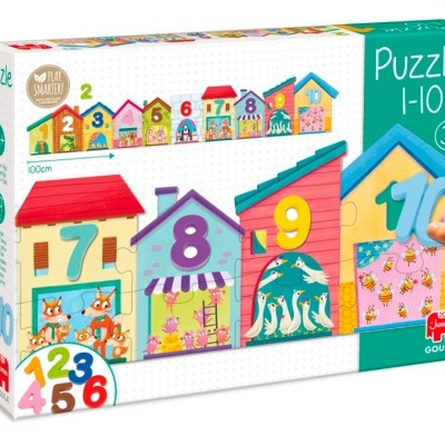 Embalagem de puzzle de madeira com números coloridos de 1 a 10 em forma de casinhas