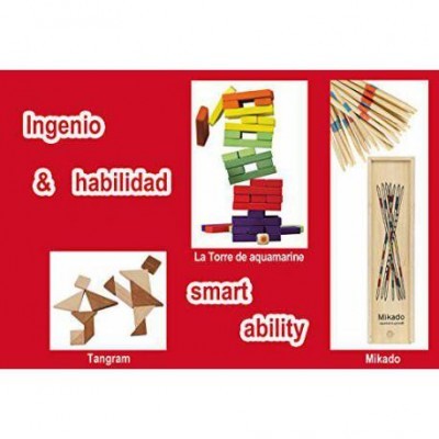 Jogos de madeira Tangram, La Torre de aquamarine e Mikado sobre fundo vermelho com texto em espanhol e inglês.