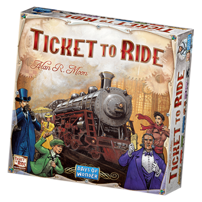 Caixa do jogo Ticket to Ride com locomotiva e personagens em roupas antigas