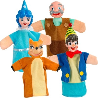 Conjunto de quatro fantoches de mão de tecido coloridos com personagens diferentes