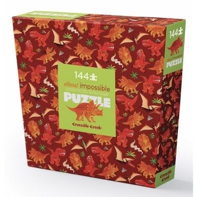 Caixa de puzzle 144 peças com padrão de dinossauros vermelhos e texto de marca