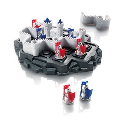 Jogo de tabuleiro com peças de cavaleiros vermelhos e azuis e castelos cinzentos numa base preta.