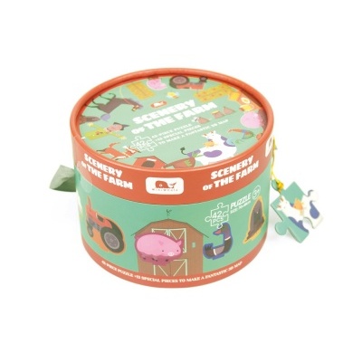Caixa redonda de puzzle com tema quinta e ilustrações coloridas.