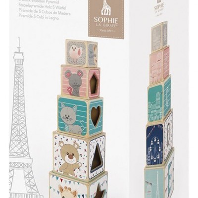 Embalagem de brinquedo empilhável com 5 cubos de madeira coloridos e estampados com animais.