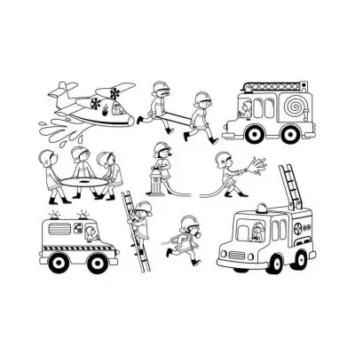 Desenho a preto e branco de bombeiros em ação com veículos e equipamentos