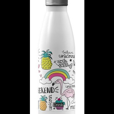 Garrafa térmica branca decorada com motivos coloridos e frases em inglês