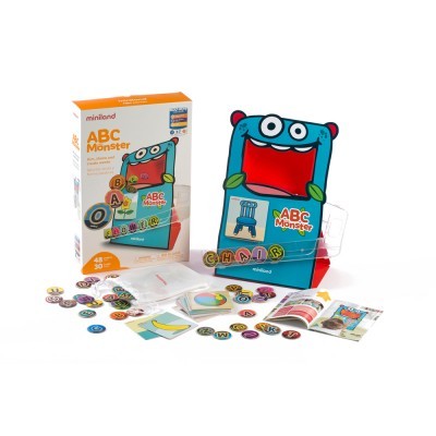 Jogo educativo Miniland ABC Monster com tabuleiro, cartas e peças de letras em fundo branco