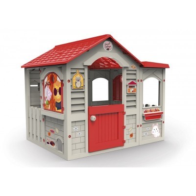 Casa de brincar infantil cinza com telhado vermelho e porta vermelha