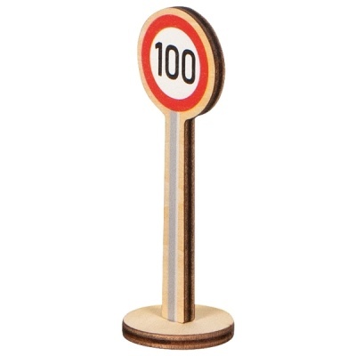 Placa de sinalização de velocidade 100 em madeira com base circular