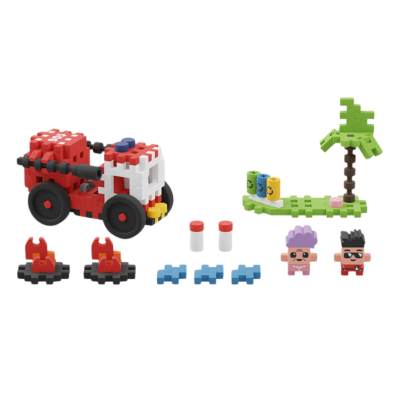 Conjunto de blocos de construção com camião de bombeiros e figuras.