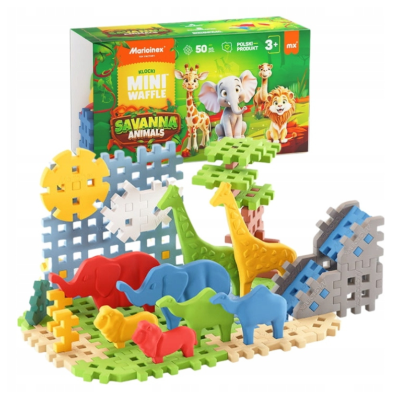 Brinquedo infantil com blocos de encaixe e figuras de animais da savana coloridos