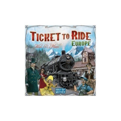 Capa do jogo de tabuleiro Ticket to Ride Europe com comboio e personagens.