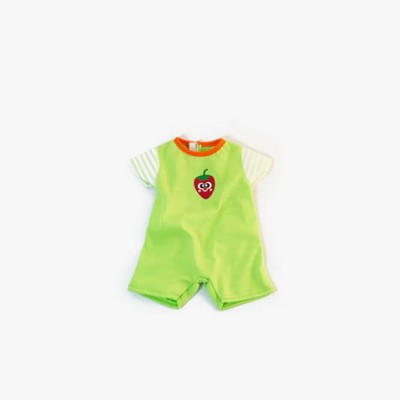 Macacão de bebé verde com bordado de pimento e mangas às riscas