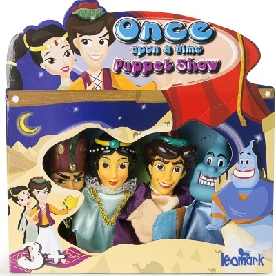 Conjunto de marionetas de mão com embalagem ilustrada colorida e personagens em tecido