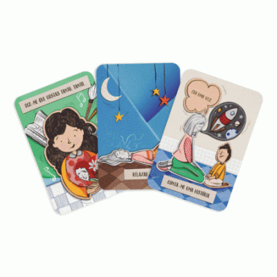 Três cartas ilustradas com textos e imagens relacionadas com conforto e histórias para crianças.