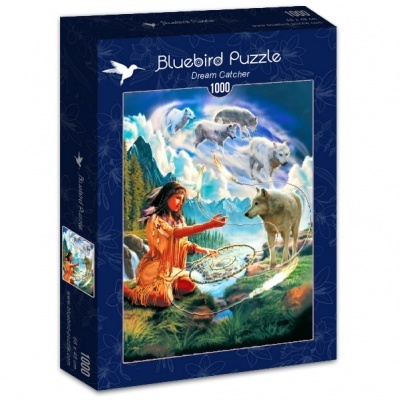 Embala de puzzle Bluebird Dream Catcher com imagem de mulher e lobos