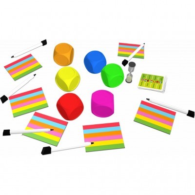 Conjunto de marcadores, cartões coloridos, blocos de massa colorida, recipiente transparente e baralho de cartas sobre fundo branco.