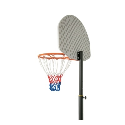 Aro de basquetebol com rede tricolor e tábua cinza com padrão circular