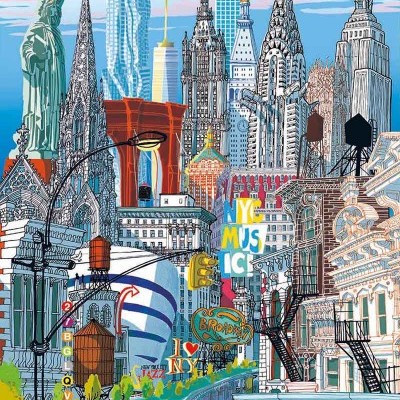 Ilustração colorida da paisagem urbana icónica de Nova Iorque com edifícios e sinais