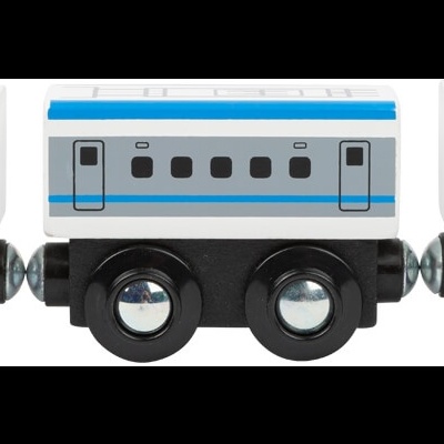 Comboio de brinquedo branco e azul em fundo branco